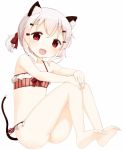  1girl :d animal_ears ass bare_shoulders barefoot bikini blonde_hair cat_ears collarbone hair_ornament hairclip highres muku_(muku-coffee) open_mouth original red_bikini red_eyes shiro_(muku) side-tie_bikini simple_background sitting smile solo swimsuit tail thighs toes white_background 