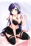  1girl black_bra black_legwear black_skirt bra breasts frilled_skirt frills green_eyes hair_ribbon large_breasts long_hair love_live!_school_idol_project p.kibi purple_hair ribbon sitting skirt solo thigh-highs toujou_nozomi twintails underwear wariza 