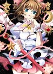  1girl absurdres baton blue_eyes breasts brown_hair card cardcaptor_sakura cleavage crescent_hair_ornament dress fumiko_(miruyuana) hair_ornament highres kinomoto_sakura large_breasts looking_at_viewer magical_girl multicolored_dress older open_mouth petals pink_dress pink_nails puffy_short_sleeves puffy_sleeves ribbon short_sleeves smile solo star white_dress wings wrist_cuffs 