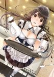  1girl black_hair breasts brown_eyes cleavage drink kentaurosu long_hair looking_at_viewer maid maid_headdress original spilled tea 