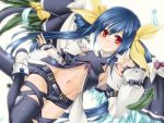  1girl asymmetrical_wings belt black_legwear blue_hair blush breasts dizzy feathered_wings feathers guilty_gear hair_ribbon highres long_hair navel orippa red_eyes ribbon smile solo tail tail_ribbon thigh-highs twintails under_boob white_background wings 