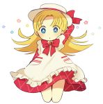  1girl ashita_no_nadja ayu_(mog) blonde_hair blue_eyes blush bow checkered_dress dress hat hat_bow heart long_hair nadja_applefield porkpie_hat solo 