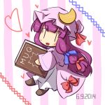  1girl book capelet chibi crescent_moon dated hair_ribbon long_dress long_hair looking_at_viewer mob_cap moon multicolored_background natsuki_(silent_selena) patchouli_knowledge purple_clothes purple_hair ribbon smile solo touhou tress_ribbon wide_sleeves |_| 