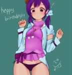  ! 1girl bow detached_sleeves english happy_birthday love_live!_school_idol_project low_twintails no_pants panties purple_hair signature solo toujou_nozomi turtleneck twintails underwear violet_eyes yokoshima_(yosutebito_jet) 