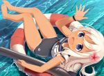  1girl barefoot blonde_hair blue_eyes crop_top flower hair_flower hair_ornament innertube kantai_collection long_hair looking_at_viewer muku_(muku-coffee) one-piece_swimsuit open_mouth ro-500_(kantai_collection) school_swimsuit school_uniform serafuku smile solo swimsuit swimsuit_under_clothes tan tanline toes torpedo water 