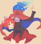  1girl bow cape commentary_request disembodied_head hair_bow headless holding_head jean_(artist) long_sleeves one_eye_closed red_eyes redhead sekibanki shirt skirt smile solo touhou wink 