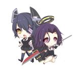  2girls chibi eyepatch glaive gloves hand_on_hip headgear kantai_collection mechanical_halo multiple_girls necktie open_mouth polearm purple_hair school_uniform short_hair simple_background skirt smile spear sword tatsuta_(kantai_collection) tenryuu_(kantai_collection) thigh-highs turret violet_eyes weapon white_background yellow_eyes yuncha 