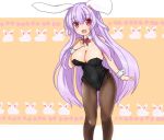  1girl animal_ears bare_arms bare_shoulders black_legwear breasts bunny_girl bunnysuit cleavage collar large_breasts leotard looking_at_viewer open_mouth pantyhose pink_eyes purple_hair rabbit rabbit_ears reisen_udongein_inaba smile solo sprout_(33510539) touhou wrist_cuffs 