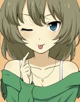  1girl :p blue_eyes blush bust highres idolmaster idolmaster_cinderella_girls ikari_manatsu jewelry necklace one_eye_closed simple_background smile solo takagaki_kaede tongue tongue_out 