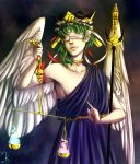  1girl angel_wings armband blindfold breasts chain choker green_hair hat highres justice kelbremdusk polearm rod_of_remorse scales shiki_eiki sideboob skull toga touhou trident weapon white_wings wings 