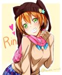  1girl animal_hat blush cat_hat character_name checkered checkered_skirt green_eyes grin haruka_natsuki hat hoshizora_rin love_live!_school_idol_project orange_hair scarf short_hair skirt smile solo 