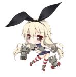  &gt;_&lt; 1girl :3 anchor blonde_hair chibi elbow_gloves gloves hair_ornament hairband highleg highleg_panties kantai_collection long_hair looking_at_viewer microskirt navel panties pointing pointing_at_viewer rensouhou-chan shimakaze_(kantai_collection) simple_background skirt solo standing_on_one_leg striped striped_legwear thigh-highs tongue tongue_out turret underwear white_background white_gloves yuncha 