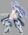  1girl animal_ears bare_shoulders blue_eyes blue_hair blue_legwear cat_ears cat_tail character_request covered_navel densou_tenshi_valforce gauntlets gloves greaves grey_background gun headgear high_heels karukan_(monjya) long_hair mecha_musume school_swimsuit simple_background solo swimsuit tail thigh-highs very_long_hair weapon white_school_swimsuit white_swimsuit 