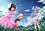  3girls animal_ears bending_forward black_hair blonde_hair blouse blue_eyes blue_hair blue_sky bow bunny_tail carrot_necklace clouds crescent_moon dress dress_shirt fairy_wings flower flying hair_bow hair_ribbon hands_on_hips hands_on_knees inaba_tewi lens_flare lily_of_the_valley long_hair looking_at_viewer medicine_melancholy moon mountain multiple_girls necktie open_mouth pleated_skirt rabbit_ears red_eyes reisen_udongein_inaba ribbon shirt short_hair short_sleeves skirt sky sleeves_rolled_up smile star_(sky) starry_sky su-san tail touhou wind wings zqhzx 