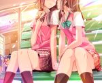  2girls almost_kiss bag bench blouse blush brown_hair cardigan_vest checkered checkered_skirt hand_on_own_chest haruka_natsuki head_out_of_frame holding_hands long_hair low_twintails multiple_girls nail_polish nervous original school_bag school_uniform short_sleeves sitting skirt smile socks twintails yuri 