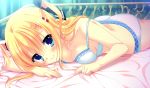  1girl artist_request bed_sheet blonde_hair blue_bra blue_eyes blue_panties bra breasts character_request copyright_request hair_ornament hair_ribbon hairclip long_hair looking_at_viewer lying on_stomach panties ribbon smile twintails two_side_up underwear 