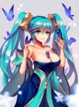  1girl aqua_eyes aqua_hair asuka4407 bare_shoulders breasts butterfly cleavage detached_sleeves dress hair_between_eyes large_breasts league_of_legends long_hair smile solo sona_buvelle twintails very_long_hair 