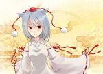  1girl animal_ears bare_shoulders breasts dawndusk detached_sleeves hat inubashiri_momiji looking_at_viewer pom_pom_(clothes) red_eyes red_ribbon ribbon short_hair silver_hair smile solo tokin_hat touhou wolf_ears 