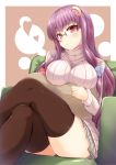  1girl absurdres alternate_costume bespectacled blush bow breasts brown_legwear crescent_hair_ornament crossed_legs glasses hair_bow hair_ornament highres large_breasts long_hair long_sleeves looking_at_viewer nekur patchouli_knowledge purple_hair ribbed_sweater sitting skirt smile solo sweater thigh-highs touhou turtleneck turtleneck_sweater violet_eyes zettai_ryouiki 