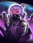  1girl 3boys asphyxiation assassin bald black_gloves blood blood_on_face blood_splatter bloody_clothes bloody_tears brown_hair choking commentary_request cozy dying gas_mask gloves multiple_boys one_eye_closed one_side_up original pink_eyes silver_hair v wink 