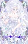  1girl 2014 bare_shoulders bishoujo_senshi_sailor_moon bracelet butterfly copyright_request crescent_moon double_bun dress facial_mark flower forehead_mark frame grey_eyes hair_flower hair_ornament jewelry long_hair moon pearl princess_serenity ring rose silver_hair smile solo tsukino_usagi twintails white white_dress white_rose yoshizumi_rie 
