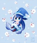  1girl :p blue_eyes blue_hair hat horns inkinesss league_of_legends long_hair lulu_(league_of_legends) poro_(league_of_legends) smile tongue wings 