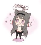  1girl :d akemi_homura animal_ears black_hair black_legwear blush cat_ears cat_tail chibi flower hairband kemonomimi_mode long_hair looking_at_viewer mahou_shoujo_madoka_magica mikunido202 nyan open_mouth outstretched_arms school_uniform simple_background smile solo spread_arms tail text violet_eyes white_background 