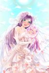  1girl artist_request bare_shoulders blush bouquet breasts bridal_veil bride detached_sleeves dress flower green_eyes highres long_hair love_live!_school_idol_project open_mouth purple_hair smile solo thigh-highs toujou_nozomi twintails veil wedding_dress 
