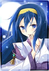  1girl blue_eyes blue_hair border bust detached_sleeves faech full_moon hair_between_eyes hairband highres himemiya_chikane holding jewelry kannazuki_no_miko long_hair moon necklace shell solo wide_sleeves 