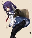 1girl ahoge ass bag blush hair_tubes kantai_collection long_hair looking_at_viewer low_twintails mushi_gyouza open_mouth pantyhose purple_hair red_eyes simple_background skirt smile solo taigei_(kantai_collection) twintails 