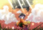  1girl bowl castle cherry_blossoms clouds floral_print grass highres japanese_clothes kikumon kimono light_particles looking_at_viewer looking_back mallet minigirl needle obi parted_lips purple_hair rough sash sheng_jun short_hair solo sukuna_shinmyoumaru sunbeam sunlight touhou twilight upside-down violet_eyes 