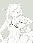  1boy 1girl bare_shoulders blush camisole fire_emblem fire_emblem:_kakusei hug long_hair looking_at_viewer mark_(fire_emblem) monochrome mother_and_son my_unit nintendo one_eye_closed smile spaghetti_strap star tusia twintails wink 