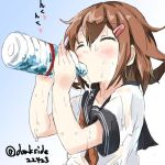  1girl bottle brown_hair closed_eyes darkside drinking gradient gradient_background hair_ornament hairclip ikazuchi_(kantai_collection) kantai_collection personification school_uniform serafuku short_hair twitter_username wet wet_clothes wet_shirt 