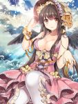  1girl bell bonnet breasts brown_eyes brown_hair cleavage dress highres ice_(ice_aptx) jingle_bell long_hair original ribbon sky smile solo thigh-highs wings 