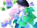  1girl bowl flower hat highres japanese_clothes leaf minigirl morning_glory purple_hair shimana_(cs-ts-az) sukuna_shinmyoumaru touhou violet_eyes 