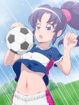  1girl ball happinesscharge_precure! hikawa_iona long_hair navel ponytail precure purple_hair shirt_lift soccer_ball solo t-shirt telstar tj-type1 violet_eyes 