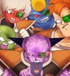  5boys armor blue_skin brown_eyes burter captain_ginyu cellphone dragon_ball ginyu_force green_skin guldo horns jeice kashiri_kurosuke long_hair multiple_boys open_mouth orange_hair phone purple_skin puzzle_&amp;_dragons recoome red_eyes red_skin scouter white_hair 