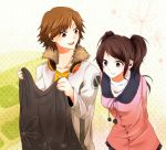  1boy 1girl arms_behind_back brown_eyes brown_hair coat earrings flower_(symbol) fur_trim hanamura_yousuke headphones headphones_around_neck holding_clothes jacket jewelry kujikawa_rise long_hair necklace open_mouth persona persona_4 pink_eyes polka_dot polka_dot_background shopping smile twintails 