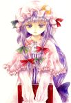  1girl book bow capelet hair_bow hat long_hair patchouli_knowledge purple_hair shiroma_(mamiko) solo touhou traditional_media very_long_hair violet_eyes watercolor_(medium) white_background 