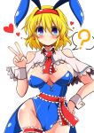 1girl ? adapted_costume alice_margatroid animal_ears ascot blonde_hair blue_eyes bowtie breasts bunnysuit capelet cleavage detached_collar earrings hairband heart heart-shaped_pupils highres jewelry leotard rabbit_ears ribbon rindou_(p41neko) sash short_hair smile solo symbol-shaped_pupils touhou wrist_cuffs wristband 