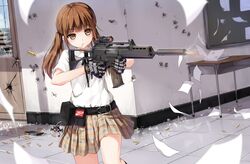  1girl aiming bullet candy casing_ejection firing g36c gloves heckler_&amp;_koch highres lollipop magazine_(weapon) original school_uniform shell_casing suppressor yuri_shoutu 