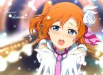  1girl blue_eyes blush brown_hair bust flower gloves hair_flower hair_ornament kousaka_honoka love_live!_school_idol_project necktie ogipote one_side_up open_mouth outstretched_arms snowing solo white_gloves 