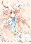  1girl animal_ears bare_shoulders bunny_tail bunnysuit extra_ears kneeling long_hair orange_eyes original pink_hair rabbit rabbit_ears ribbon ruriko_(hutman00) solo tail 