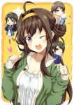  4girls ;d ahoge alternate_costume black_hair blush breasts brown_hair casual cleavage glasses hair_intakes hairband haruna_(kantai_collection) heart hiei_(kantai_collection) kantai_collection kirishima_(kantai_collection) kongou_(kantai_collection) kouji_(campus_life) long_hair looking_at_viewer multicolored_hair multiple_girls one_eye_closed open_mouth personification short_hair smile star two-tone_hair violet_eyes wink yellow_background 