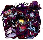  banette dusknoir gengar glowing glowing_eyes grin highres mismagius no_humans open_mouth pink_eyes pokemon pokemon_(creature) red_eyes sableye sido_(slipknot) signature simple_background smile white_background yellow_eyes zipper 