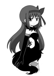  1girl akemi_homura akuma_homura argyle argyle_legwear bare_shoulders black_hair bow choker dress elbow_gloves feathered_wings gloves hair_bow long_hair looking_at_viewer mahou_shoujo_madoka_magica mahou_shoujo_madoka_magica_movie monochrome nura_(oaaaaaa) smile solo spoilers wings 