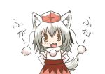  1girl :3 absurdres animal_ears bare_shoulders blush breasts brown_eyes chibi hat highres inubashiri_momiji looking_at_viewer pom_pom_(clothes) short_hair silver_hair simple_background solo tail tokin_hat touhou translation_request white_background wolf_ears wolf_tail 