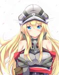  1girl bismarck_(kantai_collection) blonde_hair blue_eyes breasts hat kantai_collection long_hair looking_at_viewer military military_hat military_uniform peaked_cap personification shinekalta solo uniform 