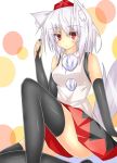  1girl :&lt; absurdres animal_ears bare_shoulders black_legwear blush breasts fingerless_gloves gloves hat highres inubashiri_momiji looking_at_viewer pom_pom_(clothes) red_eyes short_hair silver_hair sitting solo tail tokin_hat touhou wolf_ears wolf_tail 