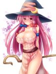  1girl adapted_costume alternate_color alternate_eye_color alternate_hair_color arms_behind_back bare_shoulders blush breasts cleavage collarbone cosplay crescent dragon&#039;s_crown dress hair_ribbon hat hat_ribbon highres large_breasts long_hair long_sleeves looking_at_viewer no_bra osashin_(osada) patchouli_knowledge pink_dress pink_eyes pink_hair polearm ribbon side_slit solo sorceress_(dragon&#039;s_crown) sorceress_(dragon&#039;s_crown)_(cosplay) staff star strapless_dress striped striped_dress touhou tress_ribbon very_long_hair weapon witch_hat 
